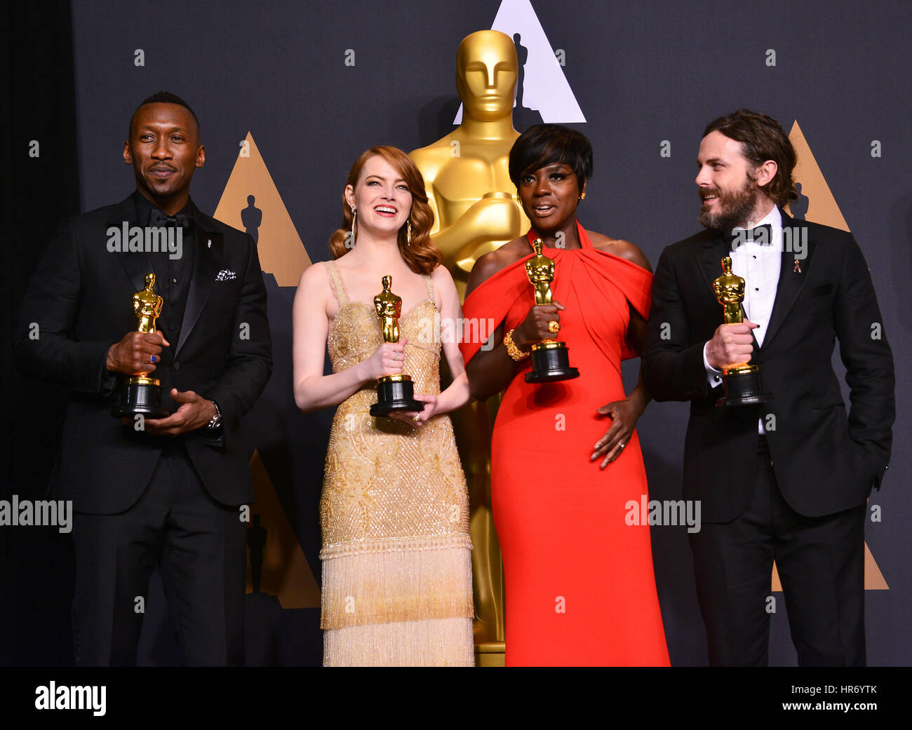 Mahersala Ali, Emma Stone, Viola Davis, Casey Affleck 422  89th Academy Awards ( Oscars ), press room at the Dolby Theatre in Los Angeles. February 26, 2017. Stock Photo