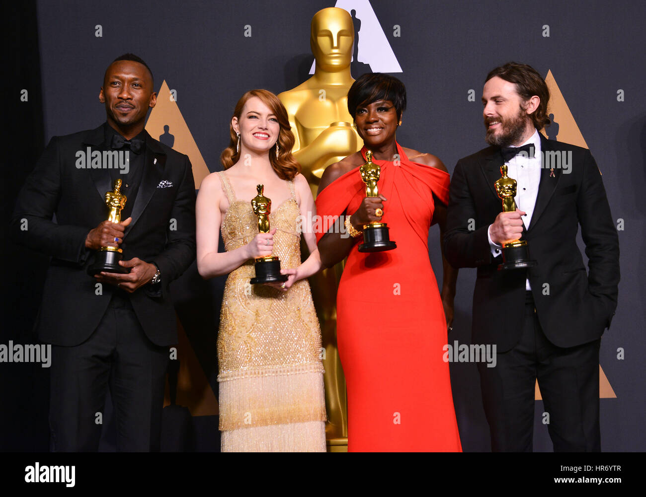 Mahersala Ali, Emma Stone, Viola Davis, Casey Affleck 423  89th Academy Awards ( Oscars ), press room at the Dolby Theatre in Los Angeles. February 26, 2017. Stock Photo