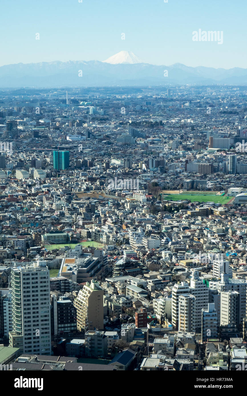 Panoramic view of Tokyo and Mt Fuji from the observation deck of the North Tower of the Tokyo Metropolitan Government Building complex in Shinjuku. Stock Photo
