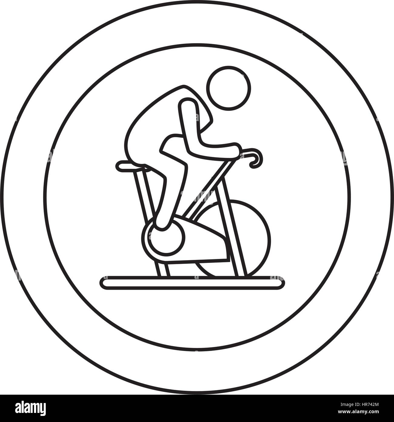 contour circular border with silhouette man in spinning bike Stock Vector