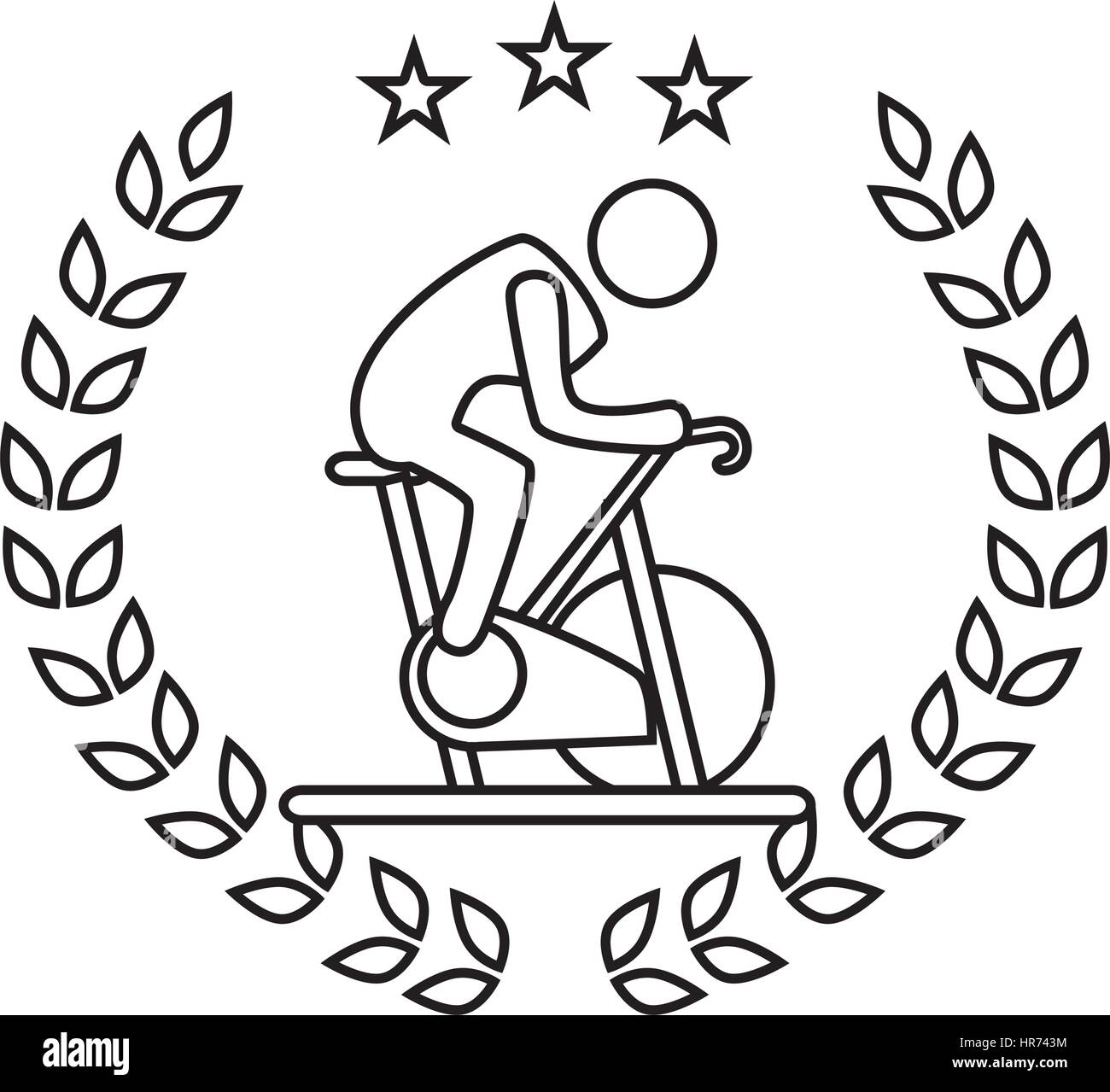 silhouette crown of leaves with pictogram man in spinning bike Stock Vector