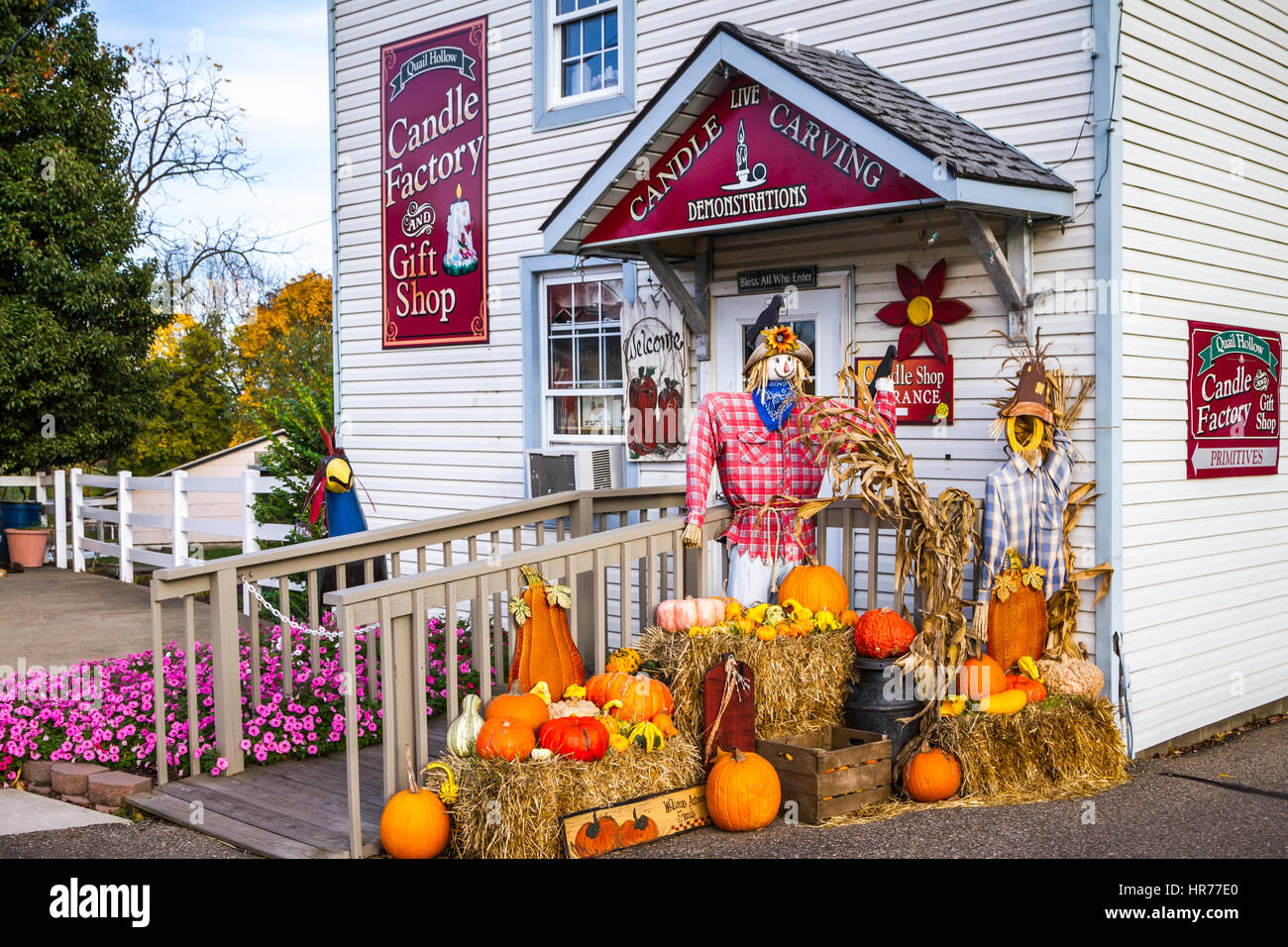 A Candle Shop With A Fall Arrangement Of Pumkins And Scare Crows In a-candle-shop-with-a-fall-arrangement-of-pumkins-and-scare-crows-in