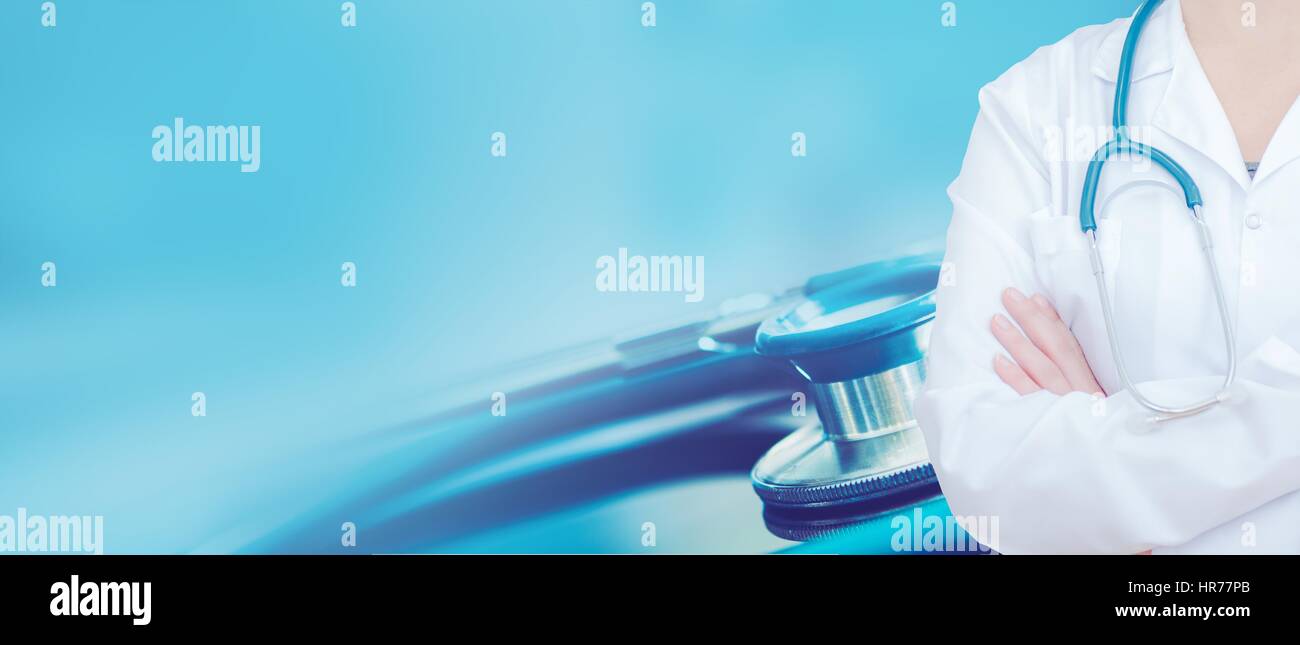 Doctor Office Blue Banner Background With Copy Space Female