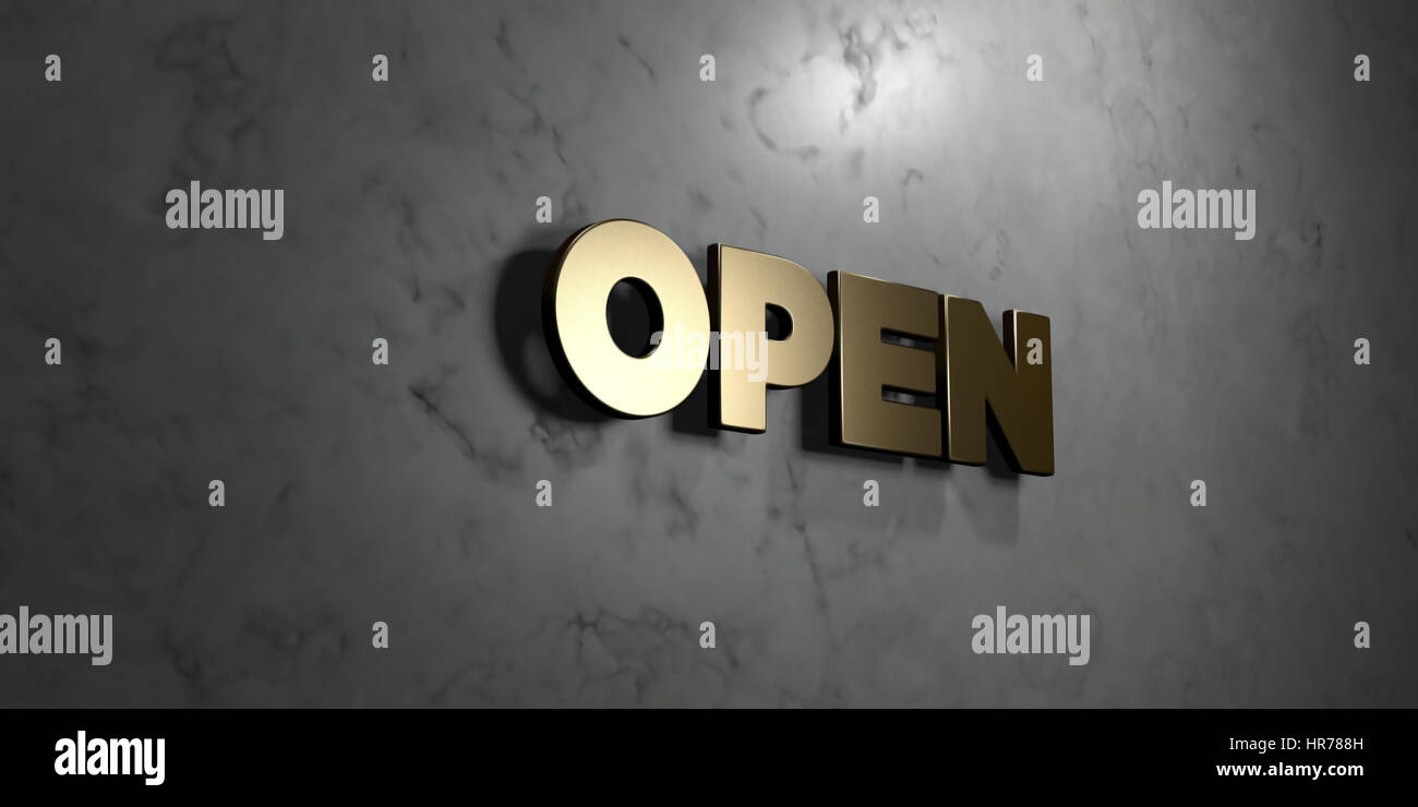 Open - Gold sign mounted on glossy marble wall - 3D rendered royalty ...