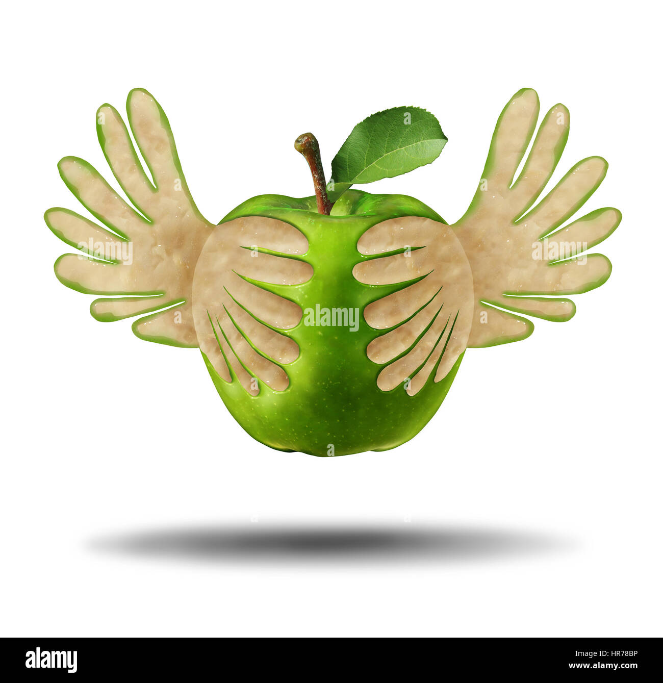 Eating light healthy food as a green apple with the peel shaped as flying wings as a symbol for the power of fresh nutrition. Stock Photo