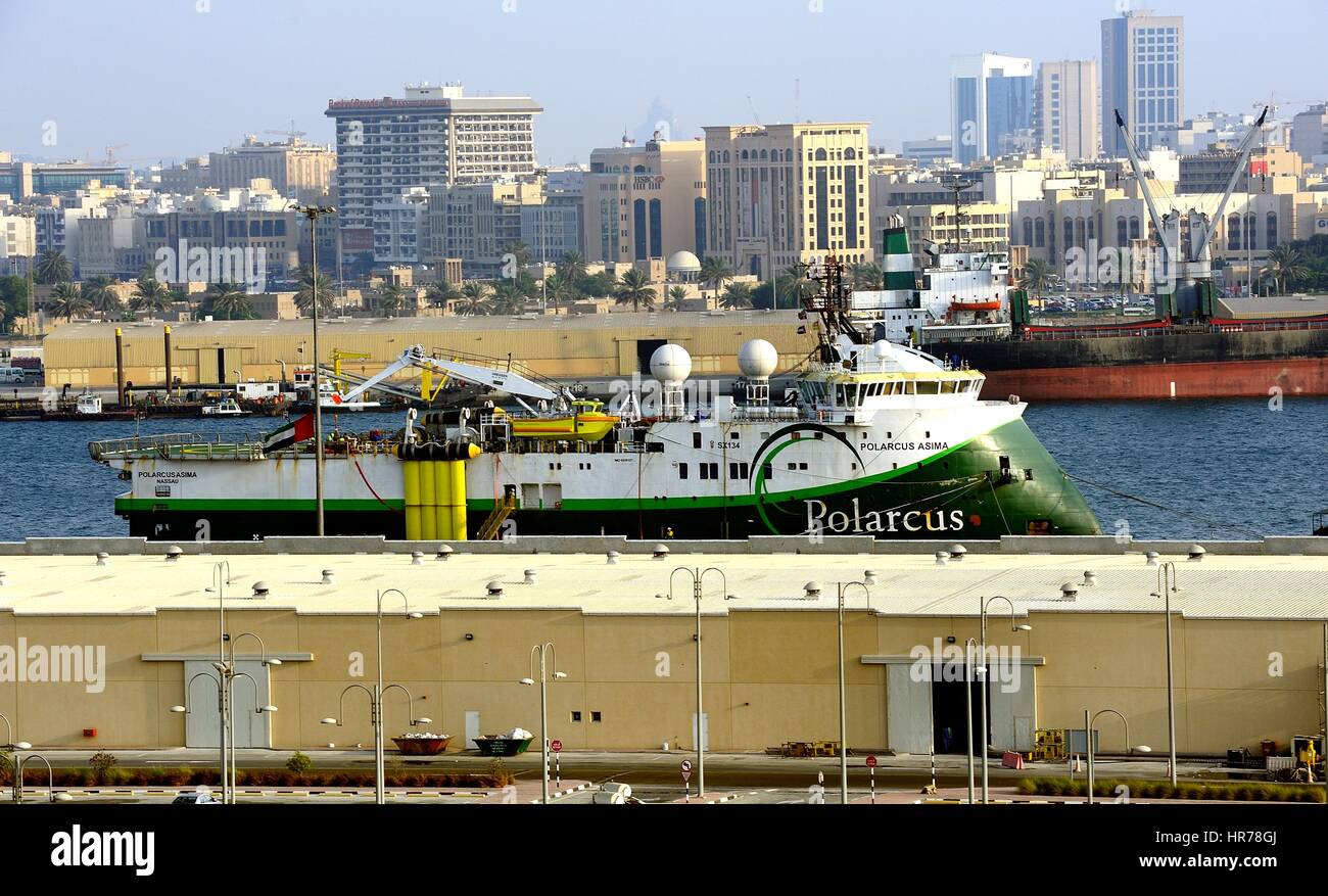 Specialist supply ship 'Polarcus' in Port Rashid Stock Photo