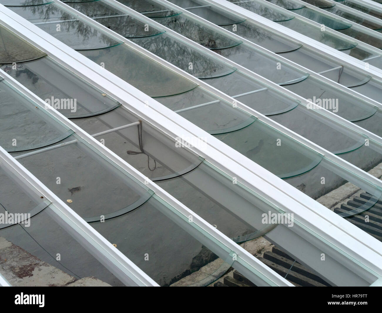 Cold frame or greenhouse roof with specially cut glass window panes which have curved edges which direct rainwater away from wooden rafters Stock Photo