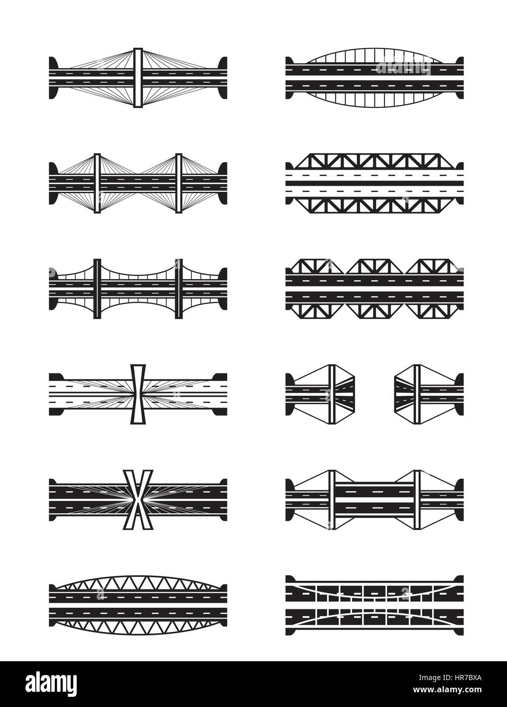 Various types of bridges viewed from above - vector illustration Stock Vector