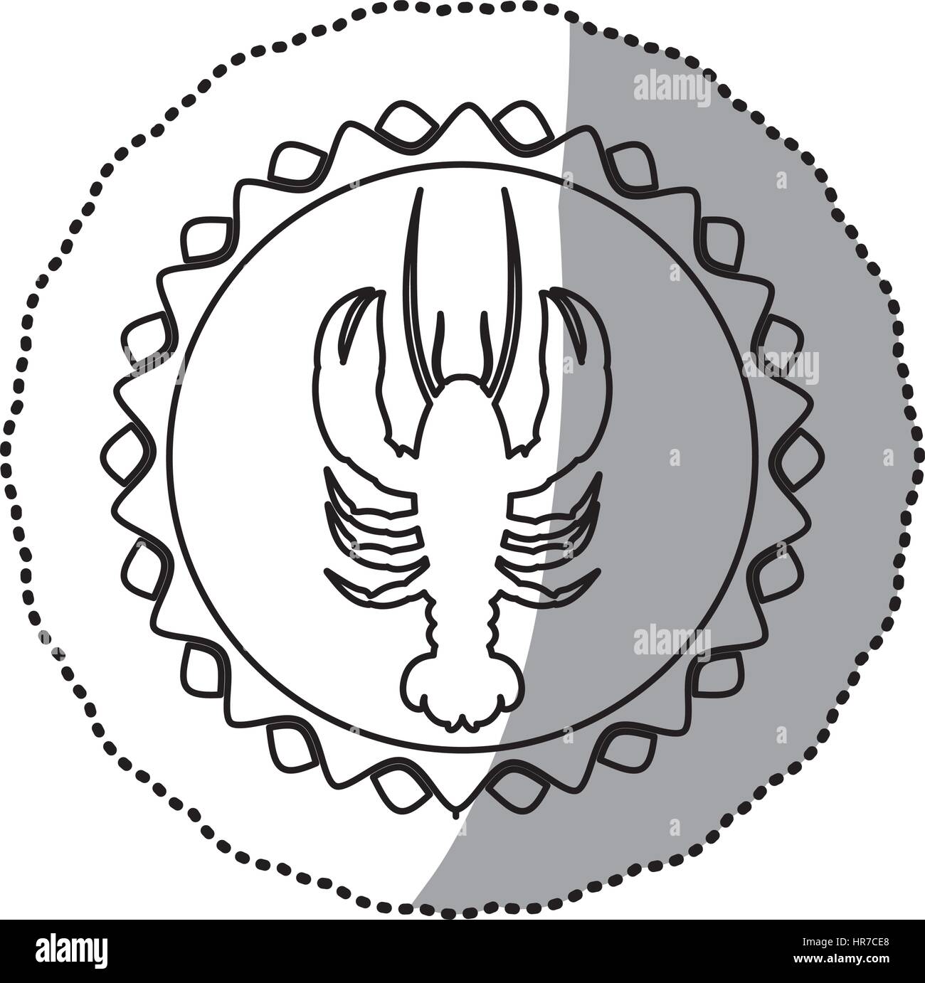 sticker monochrome line contour with lobster in circular emblem Stock Vector