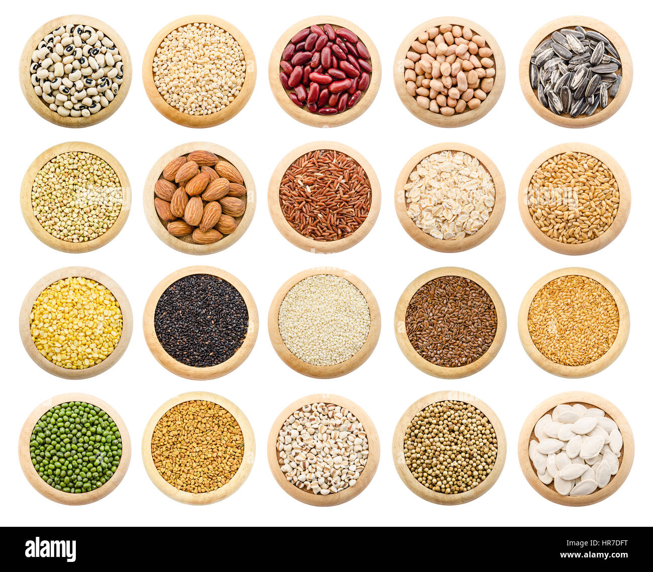 Dried grains, peas and rice collection isolated over white background. Stock Photo