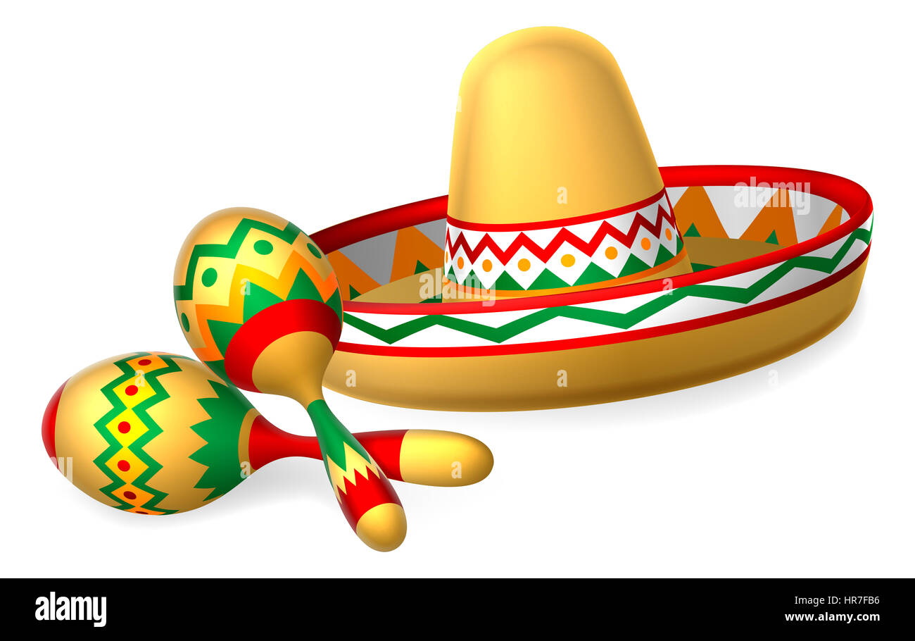 A Mexican sombrero hat and maracas shakers illustration Stock Photo