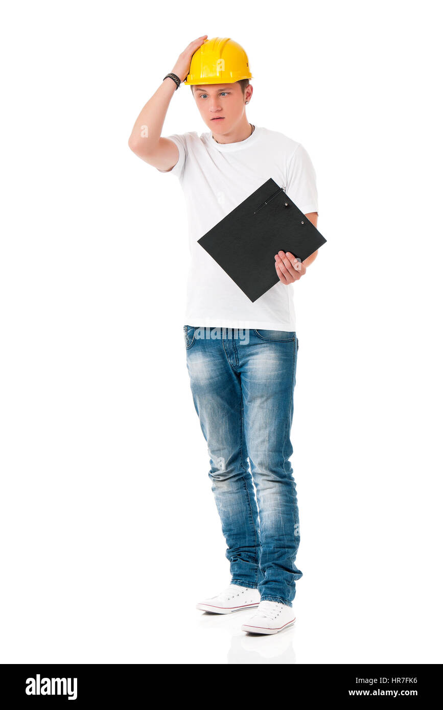 Young foreman in hard hat with clipboard, isolated on white background