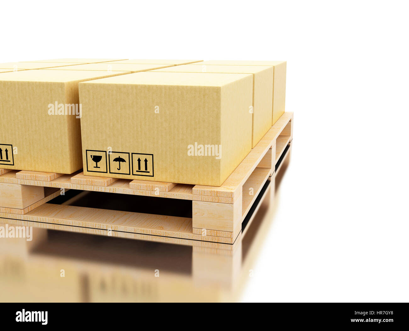 3d render illustration. Cardboard boxes on pallet.  Delivery and transportation package concept. Isolated white background Stock Photo