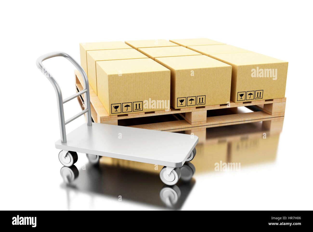3d render illustration. Cardboard boxes on pallet.  Delivery and transportation package concept. Isolated white background Stock Photo
