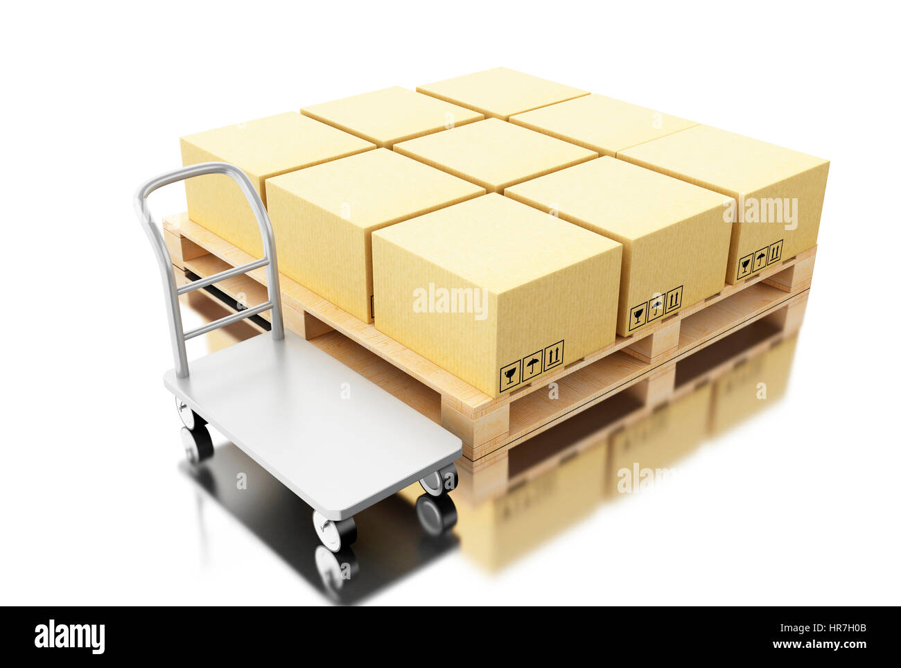 3d render illustration. Cardboard boxes on pallet.  Delivery and transportation package concept. Isolated white background Stock Photo