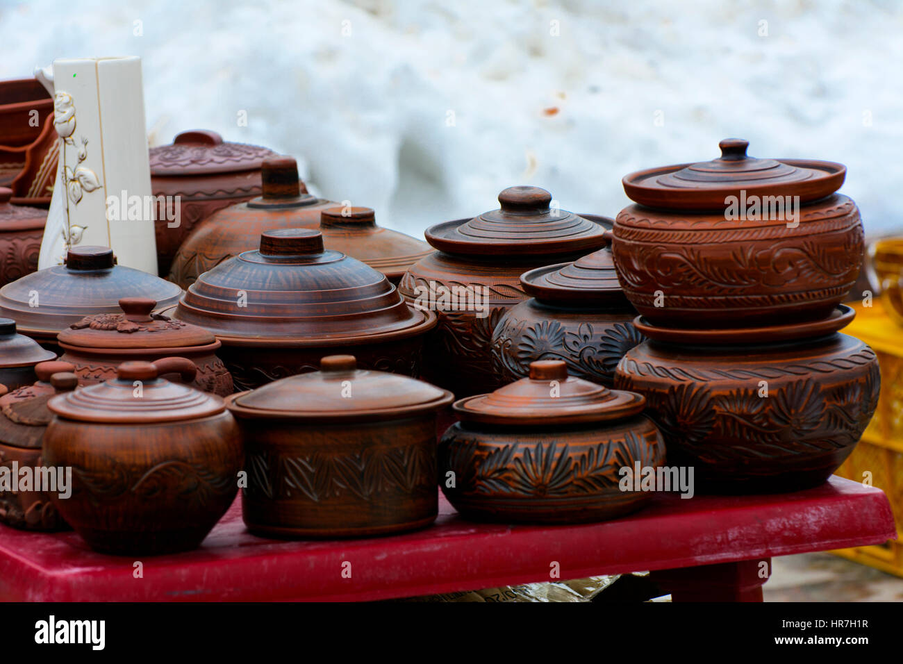 Statuettes and handicrafts at the winter festival of Carnival in the Park Stock Photo