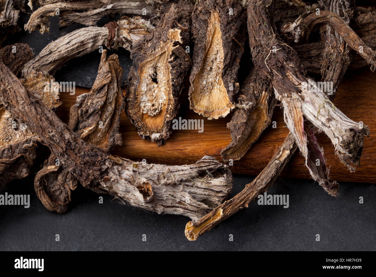 Burdock (Arctium) - medical plant. Dried roots oil are used for the hair treatment and care. Stock Photo