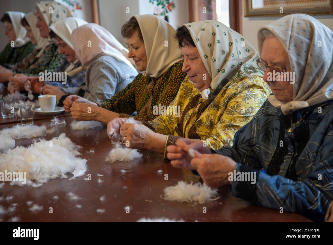 Women pluck goose feathers for use in pillows and duvets Stock Photo