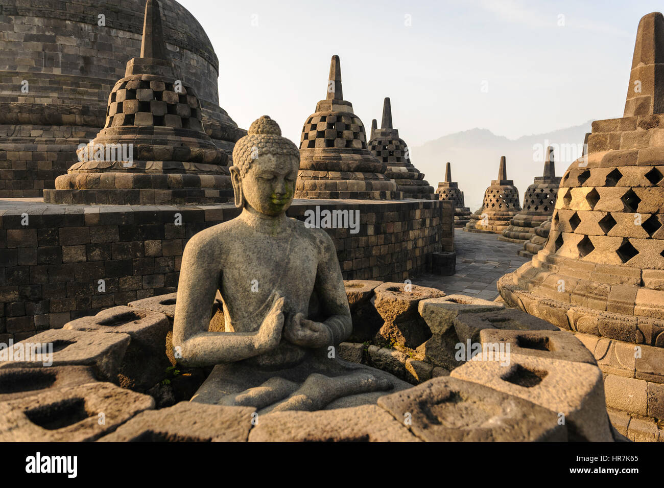 Statue of Budha in the famous temple of Borobudur. Stock Photo