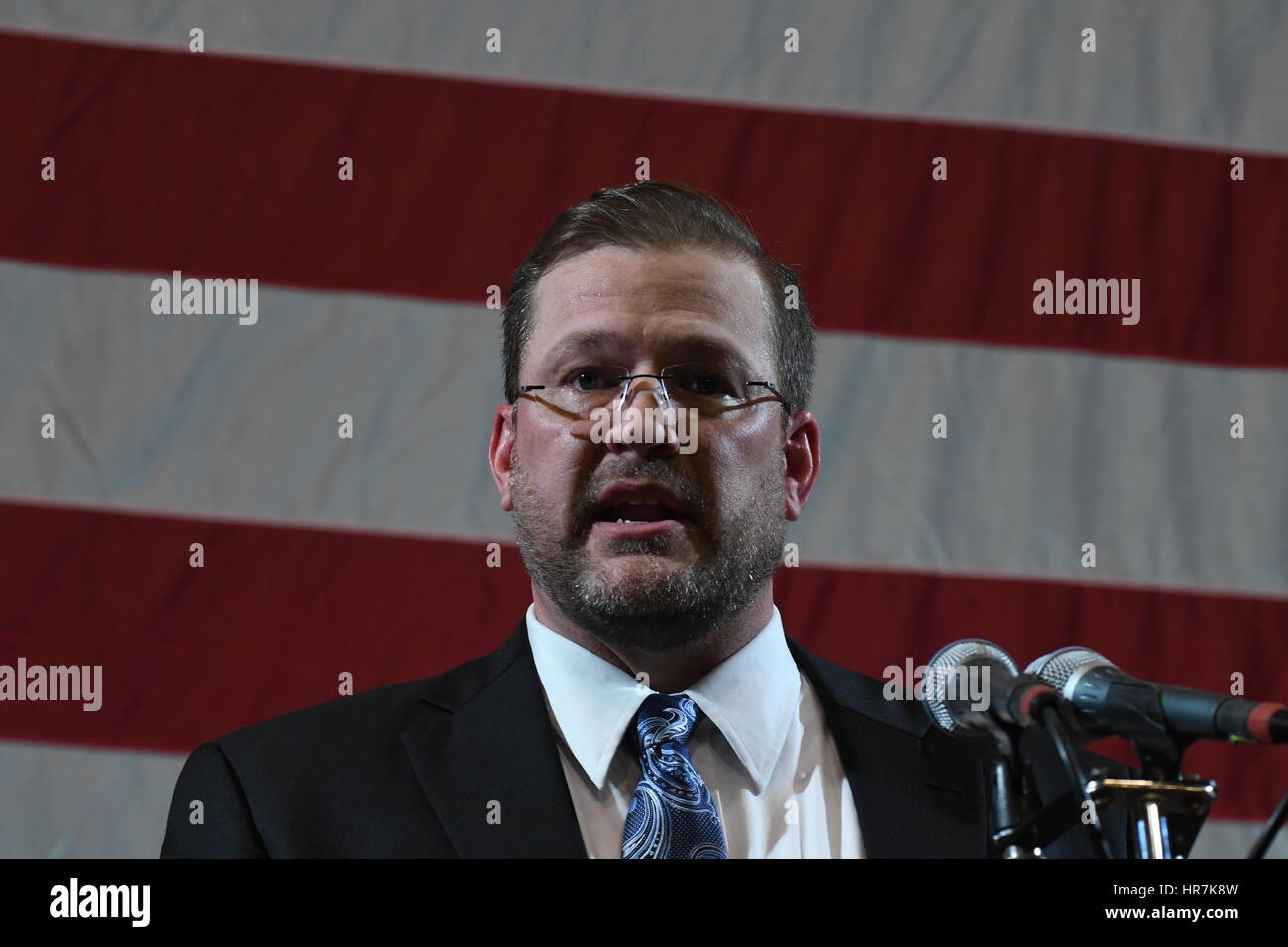 Lawyer and Army veteran James Thompson who is the Democratic candidate running in the April special election to replace Kansas Republican congressman Mike Pompeo of the 4th congressional districit in WIchita gets a chance to speak to the Kansas Democratic party delegates at the State convention opening night held in the Topeka High School Gymnasium, Topeka, Kansas, Februry 25, 2017.  Photo By Mark Reinstein Stock Photo