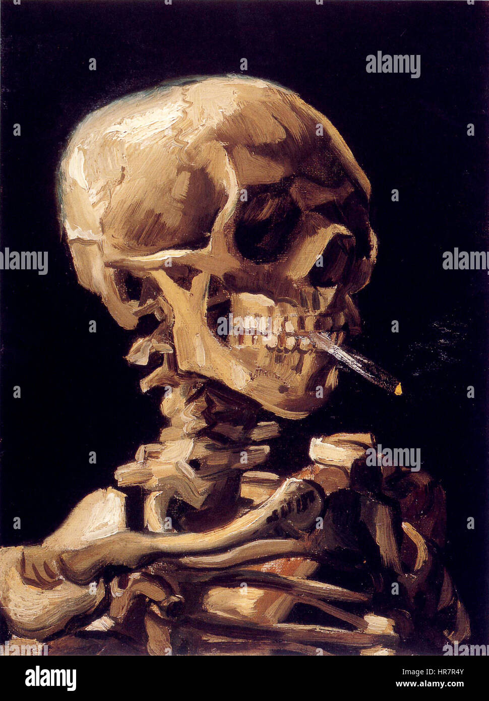 skull with cigarette painting Skull with a Burning Cigarette' by Vincent van Gogh is a still life painting  depicting a human skull, paired with a lit cigarette. This piece reflects  Van Gogh's exploration of mortality and