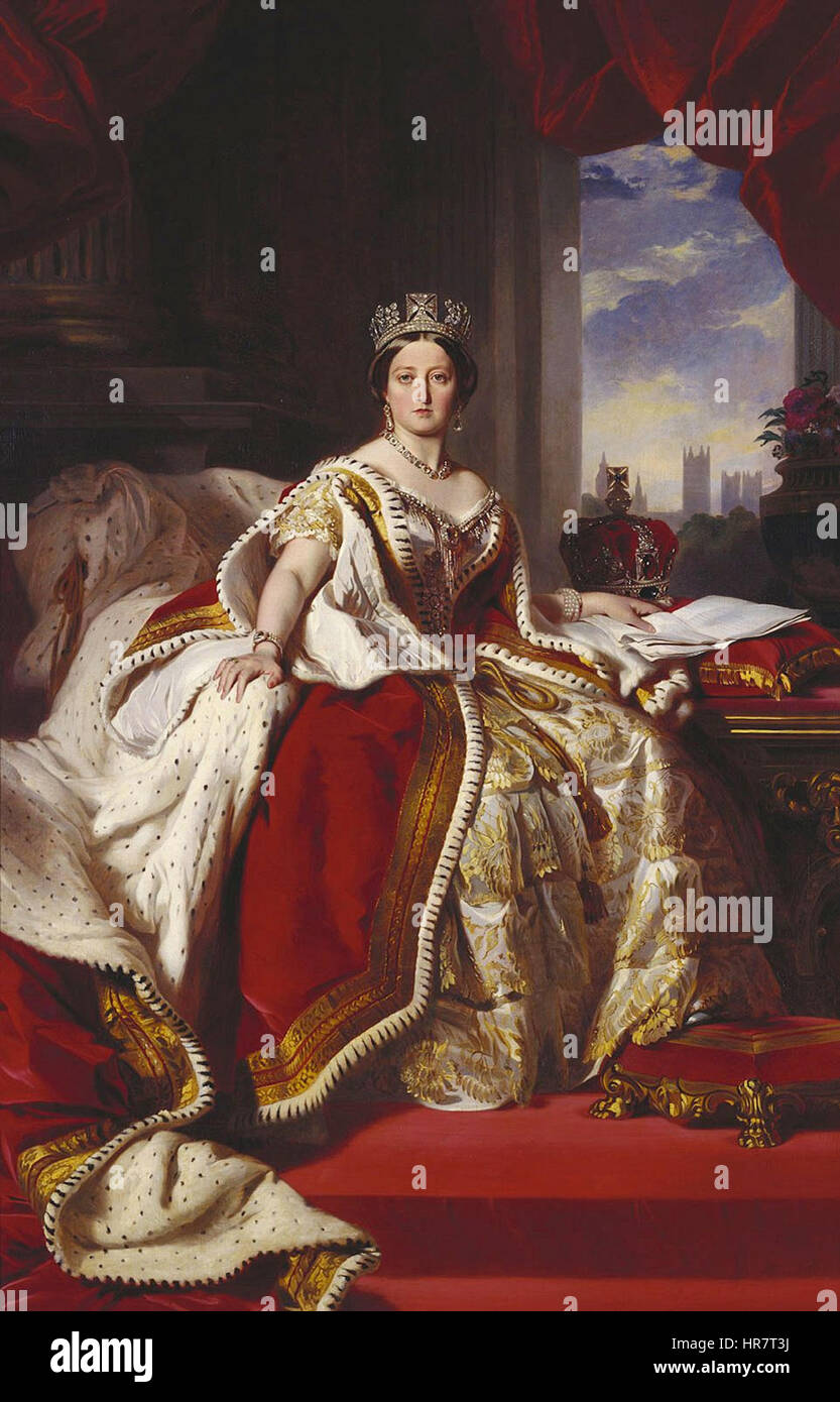 This image depicts Queen Victoria during her coronation ceremony. She is seen wearing regal attire and the crown, symbolizing her accession to the throne in 1837. The painting reflects the grandeur of the event and the significance of her reign as the monarch of the British Empire. Stock Photo