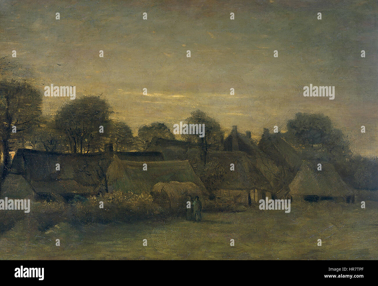 Vincent van Gogh’s 'Rural Village at Night' (1884) features a tranquil rural scene under the night sky, emphasizing the contrast between dark, earthy tones and the subtle glow of light. This painting marks his early exploration of nighttime landscapes. Stock Photo