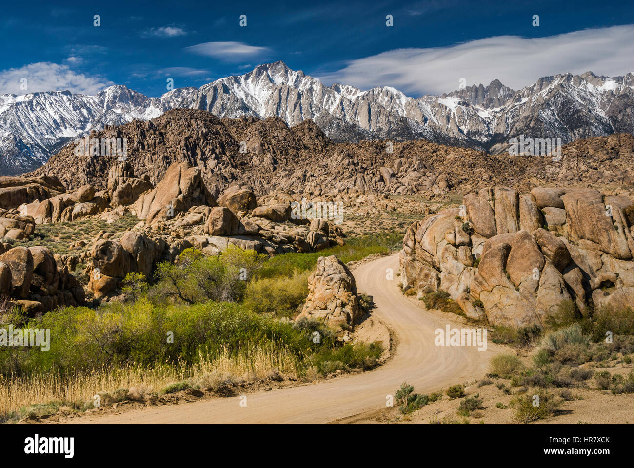 Lone Pine Peak in center, Mount Whitney on right in Eastern Sierra Nevada view from Movie Road in Alabama Hills, near Lone Pine, California, USA Stock Photo