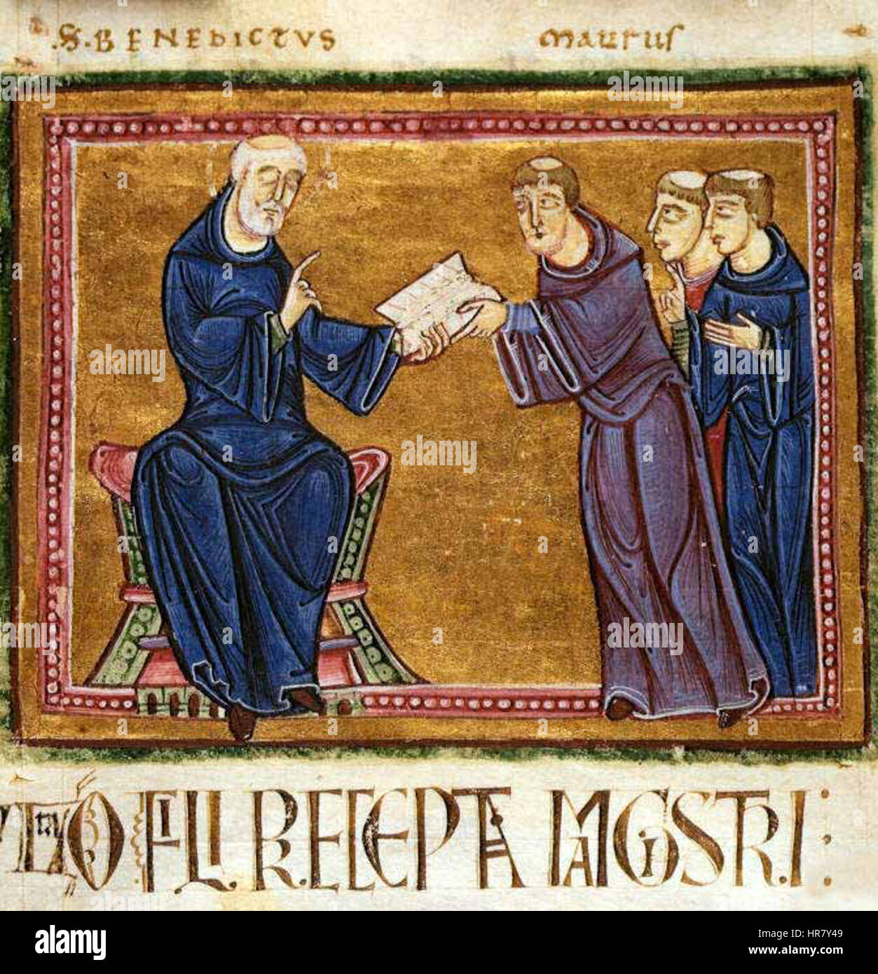 St. Benedict delivering his rule to the monks of his order Stock Photo