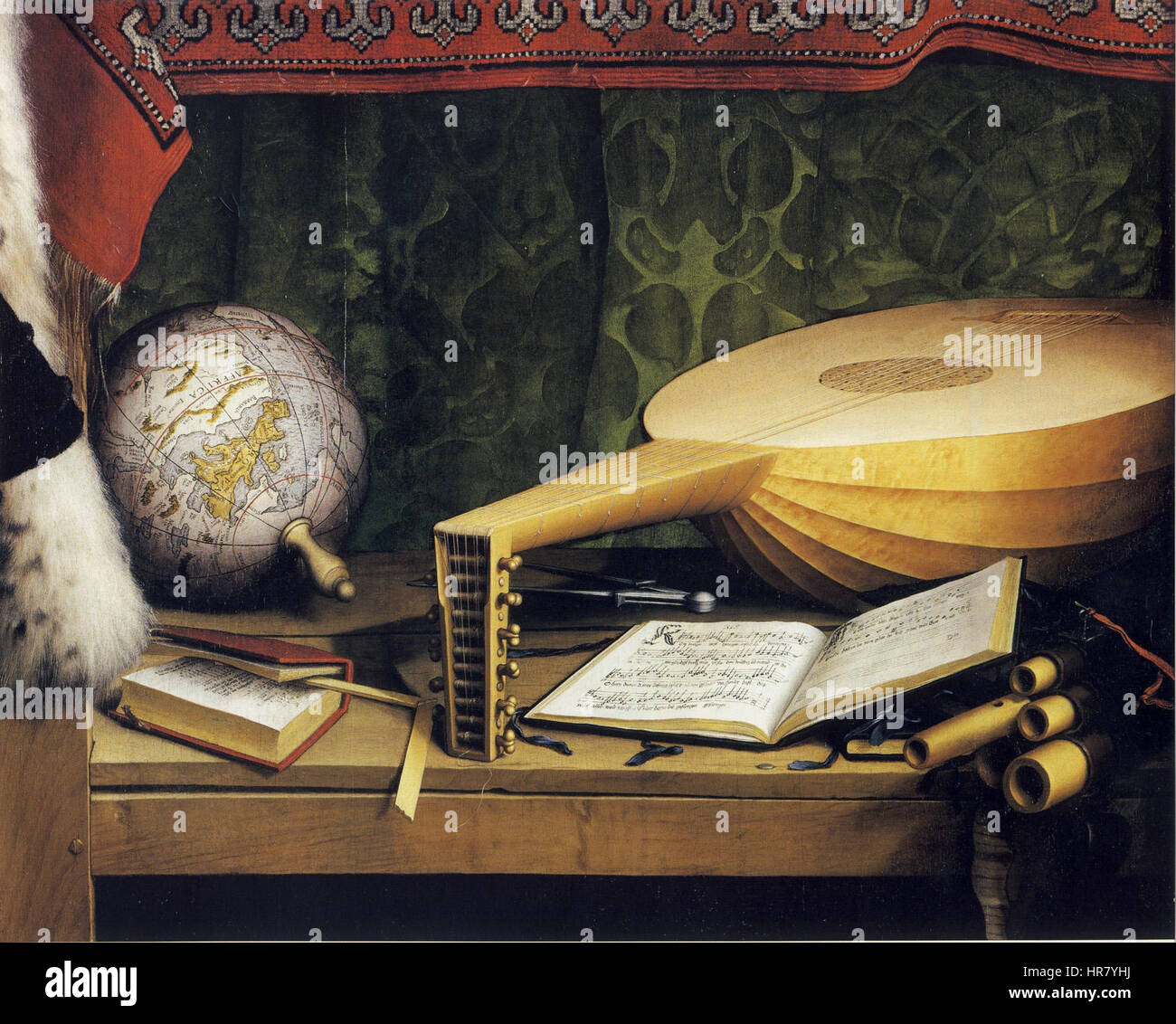 The Ambassadors, detail of globe, lute, and books, by Hans Holbein the ...