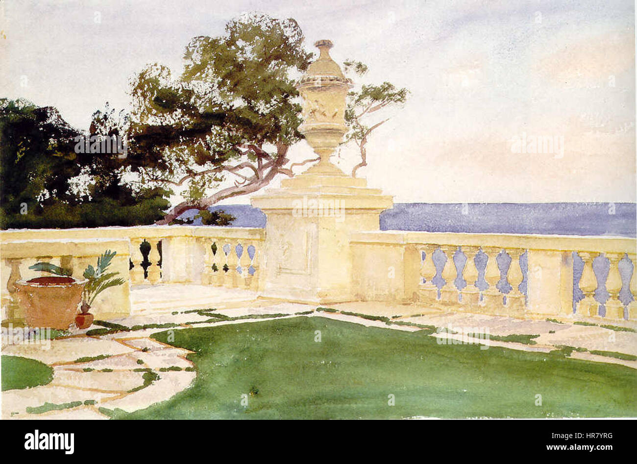 'Terrace at Vizcaya' (1917) by John Singer Sargent portrays the elegance of the Vizcaya Estate in Miami. The painting captures the lush gardens and expansive terraces, highlighting the natural beauty of the surroundings. Stock Photo
