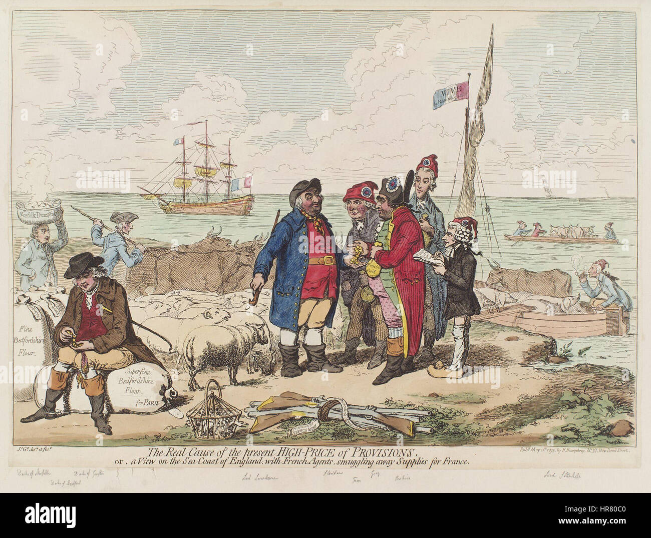 The real cause of the present high price of provisions, or, a view on the sea coast of England, with French agents, smuggling away supplies for France by James Gillray Stock Photo