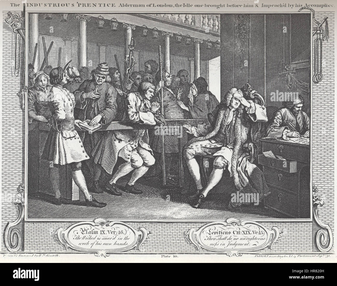 William Hogarth - Industry and Idleness, Plate 10; The Industrious 'Prentice Alderman of London, the Idle on brought before him & Impreach'd by his Accomplice Stock Photo