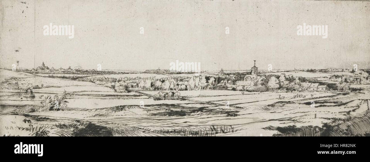 This Rembrandt etching and drypoint depicts the view of Bloemendaal with the Saxenburg country estate in the background. The work highlights Rembrandt’s skill in capturing detailed landscapes and architectural elements with precise lines and expressive contrasts. Stock Photo