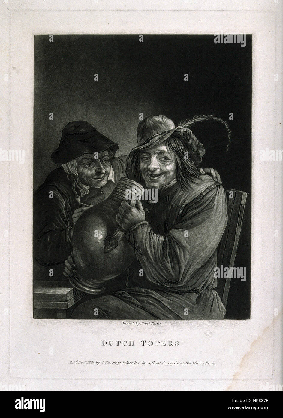 Two Dutch topers clasping a beer jug and smoking. Mezzotint, Wellcome V0019512 Stock Photo