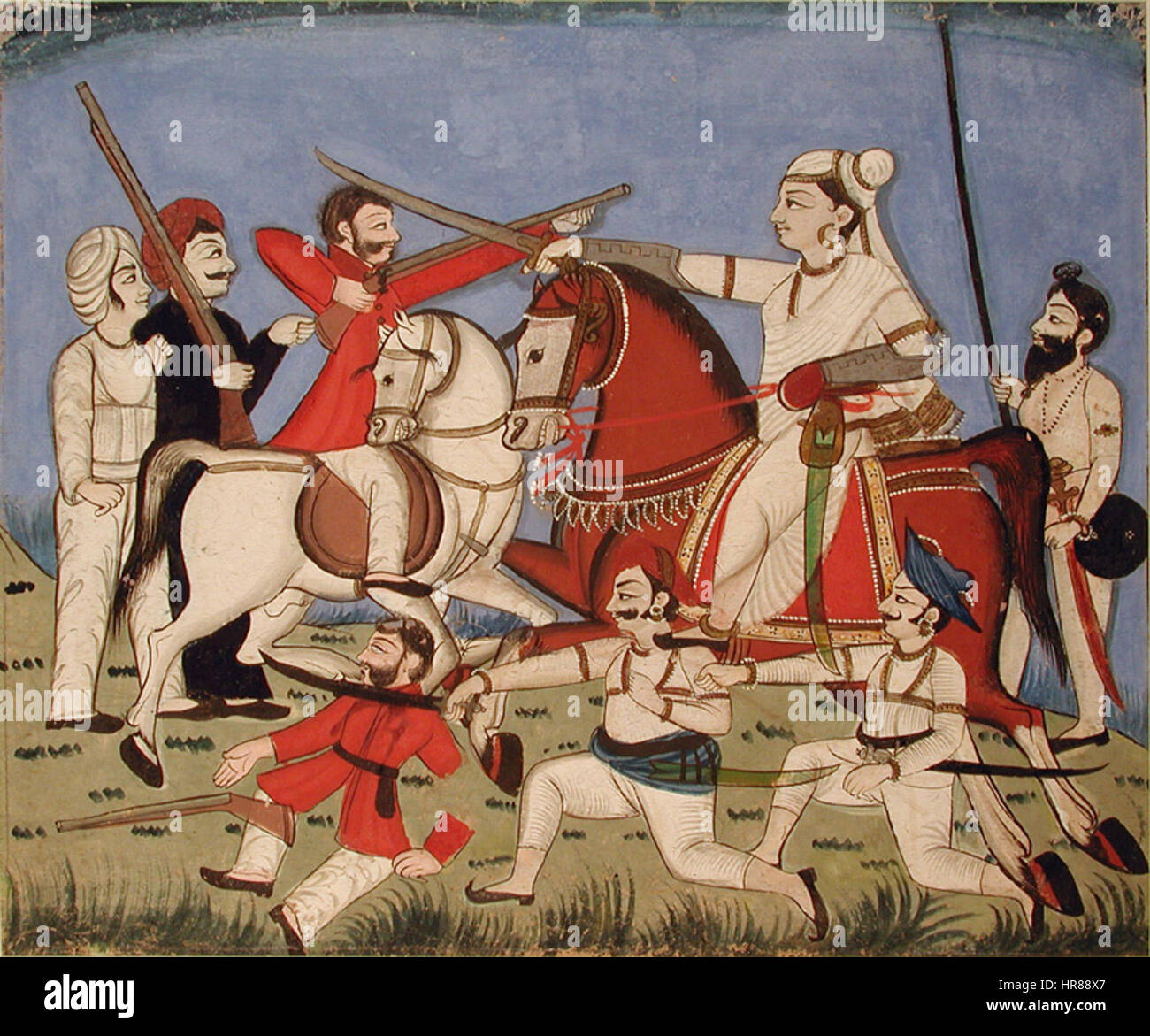 The Rani of Jhansi on horseback kills an Englishman with her sword, while one of (6125120682) Stock Photo