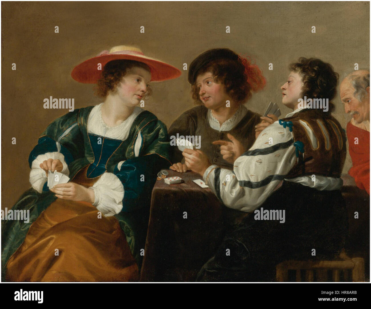 Theodoor Rombouts - A woman and three men seated around a table playing cards Stock Photo