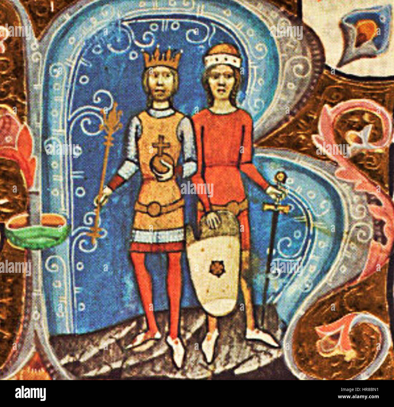 The 'Chronicon Pictum 071' features a scene depicting the biblical figures Solomon and David. The artwork illustrates their historical and religious significance, capturing key moments from their lives, with emphasis on their regal attire and leadership roles. Stock Photo