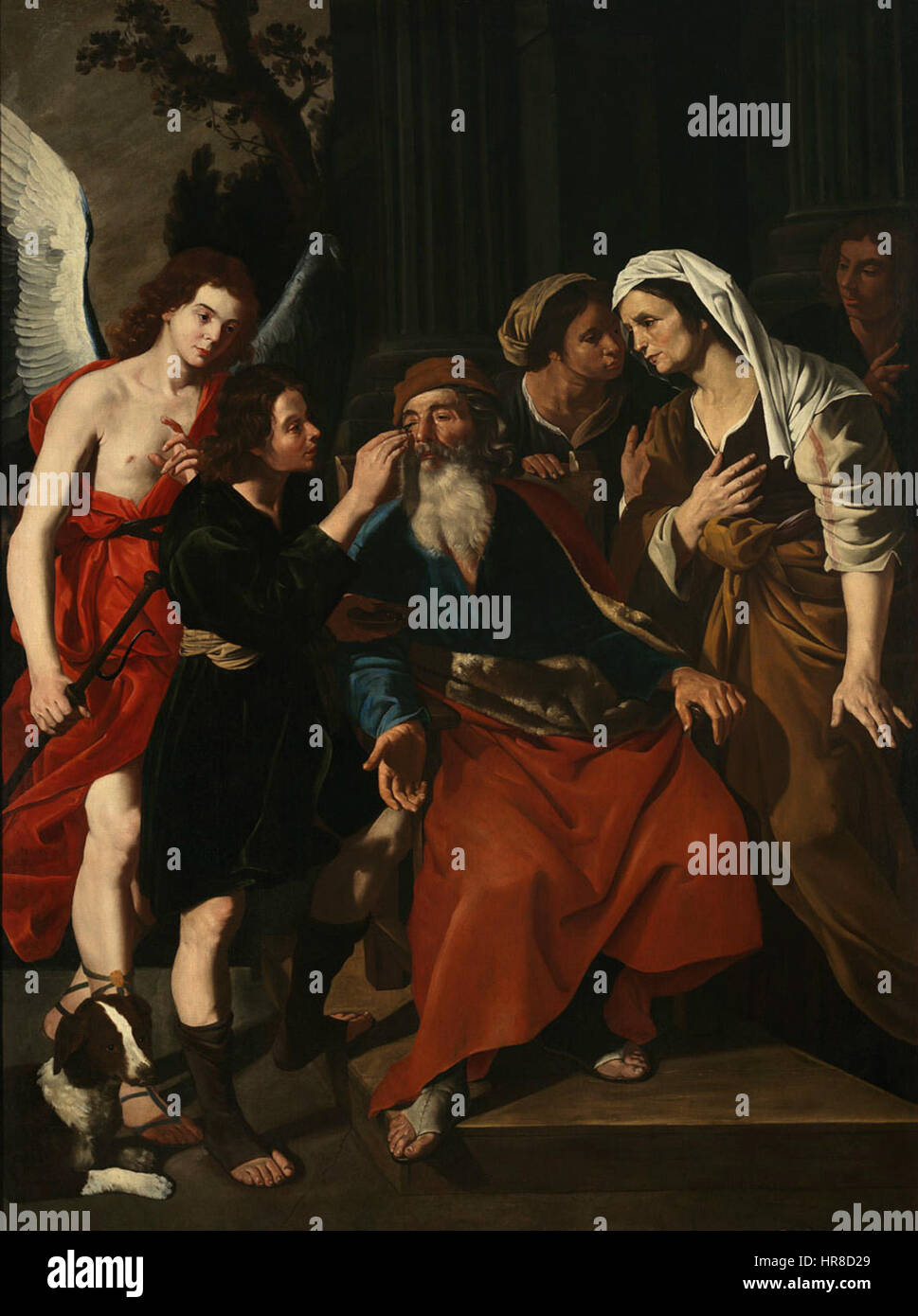 This painting by Van Somer depicts the biblical scene of Tobias healing his father, Tobit. The artwork illustrates the dramatic moment with attention to detail, capturing the religious narrative. Stock Photo