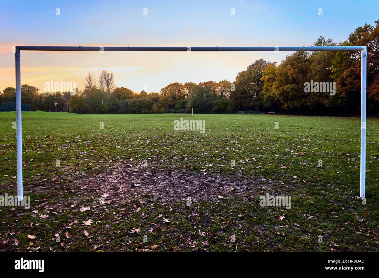 Soccer field at sunset in autumn or fall, mud and leaves on the ground Stock Photo