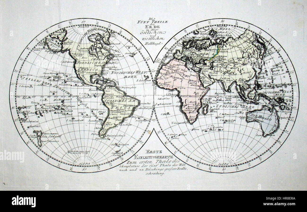 The Earth's hemispheres in 1791 by Reilly 0002 Stock Photo