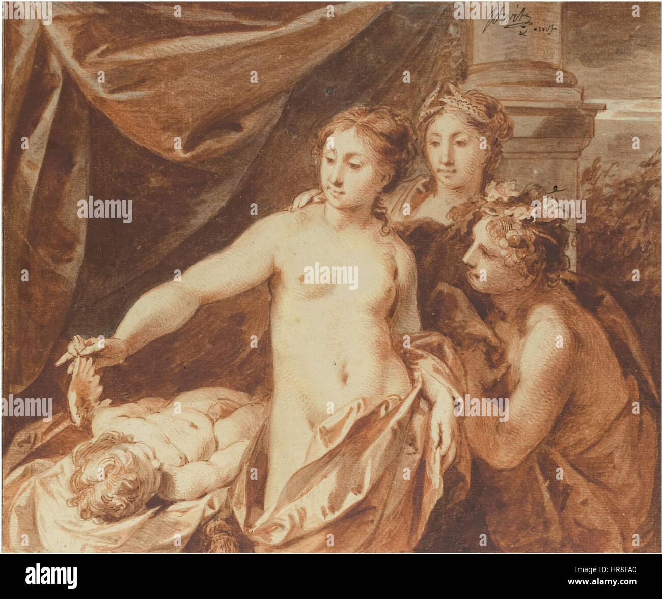 Venus, Bacchus and Ceres observing the sleeping Cupid by Jacob de Wit Stock Photo