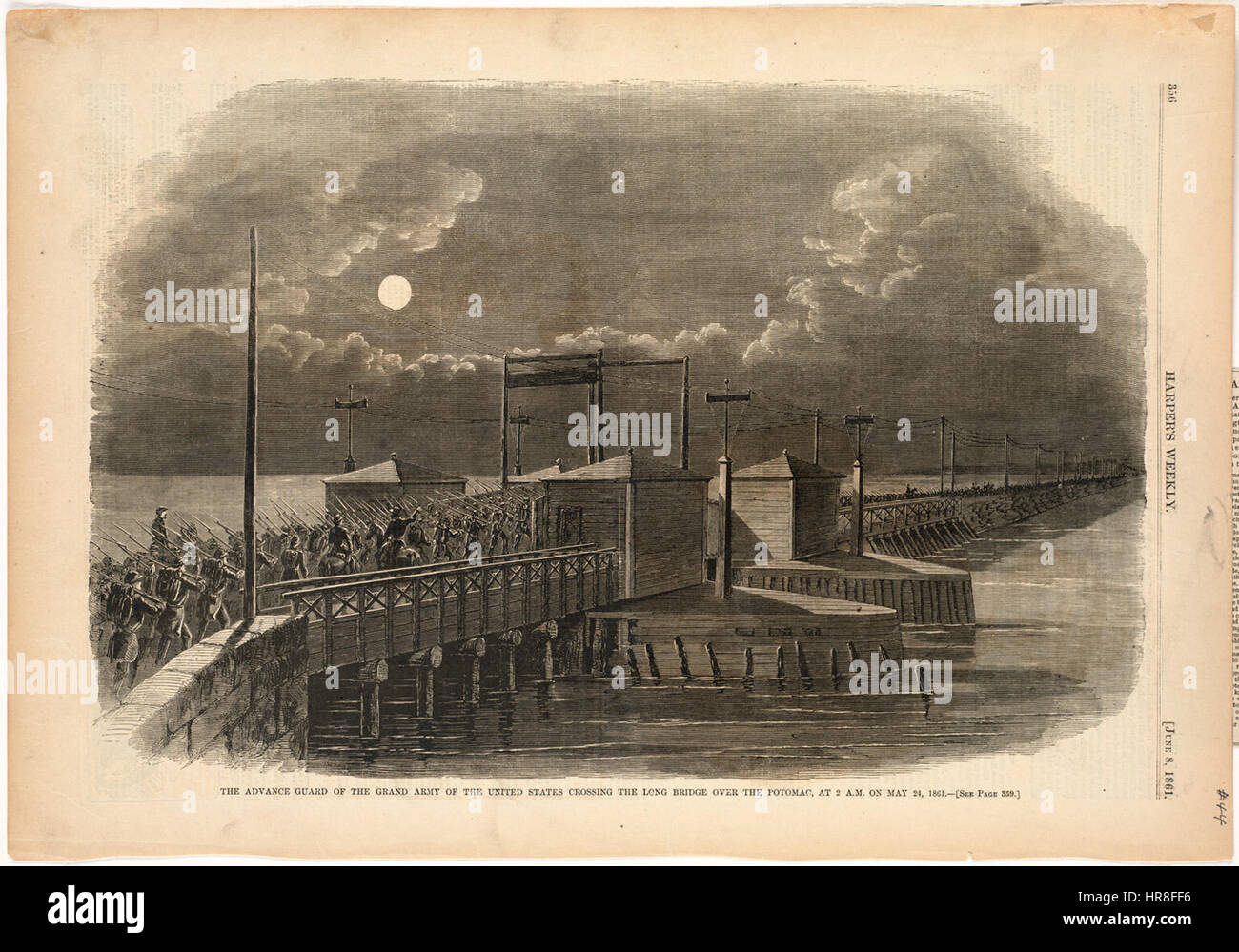 The advance guard of the Grand Army of the United States crossing the Long Bridge over the Potomac, at 2 A.M. on May 24, 1861 (Boston Public Library) Stock Photo