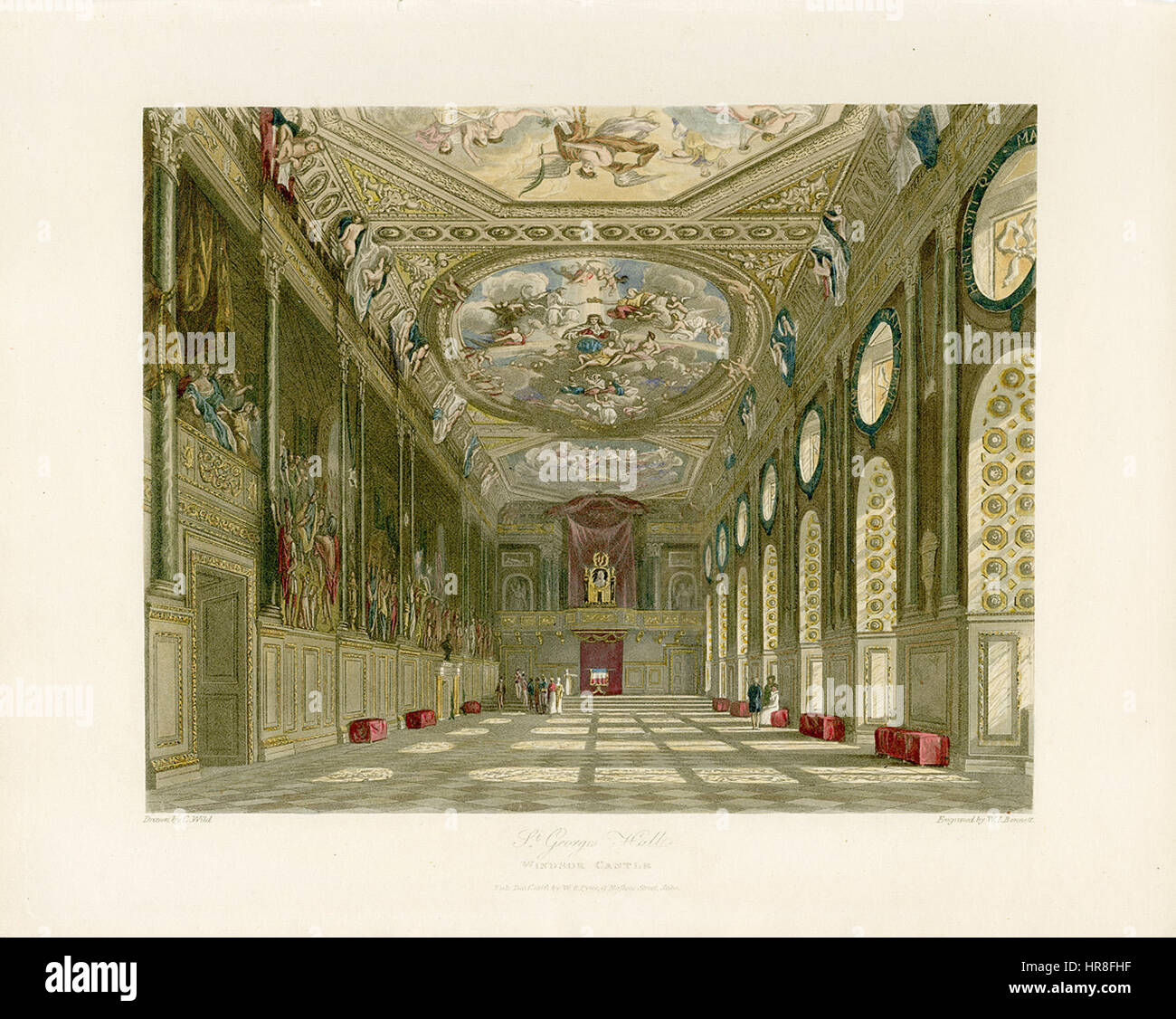 This illustration of St George's Hall, Windsor Castle, is from Pyne's Royal Residences series, showcasing the grandeur of the hall. The detailed depiction highlights the architectural beauty and significance of this royal space. Stock Photo