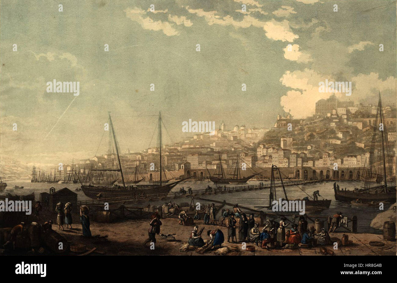 'Vue de la ville et du port de Porto' by Henry L'Eveque is a painting from 1817 depicting the scenic cityscape and harbor of Porto, Portugal. The work captures the vibrant atmosphere of the port city, with its bustling port and intricate urban landscape framed by the natural beauty surrounding it. Stock Photo