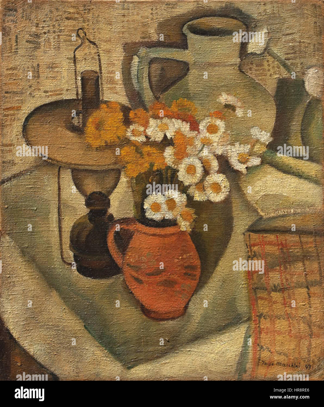 Tasso Marchini’s painting ‘Natura statica cu lampa cu petrol’ (Still Life with Oil Lamp) features a detailed composition of objects including an oil lamp. The artwork highlights the textures, light, and shadow play typical of still life paintings, capturing the quiet beauty of everyday items. Stock Photo