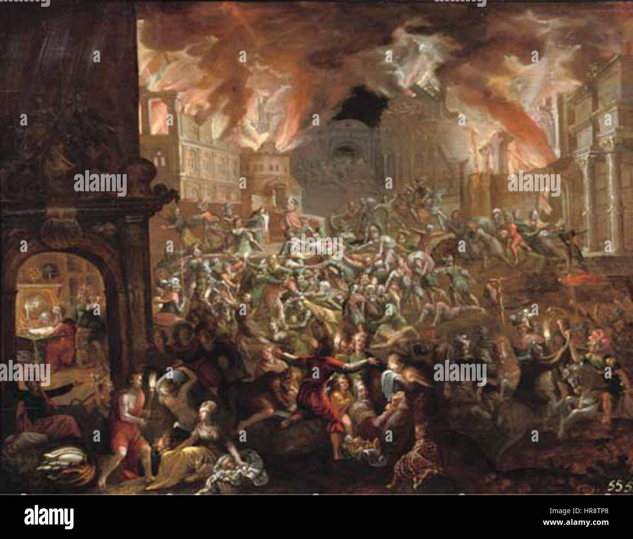 'The Fall of Syracuse' is an historical painting depicting the capture of the ancient Greek city of Syracuse in 212 BC by the Romans during the Second Punic War. The painting captures the dramatic and violent nature of the siege, showcasing the moment of the city's fall and the defeat of its defenders by the Roman forces. Stock Photo