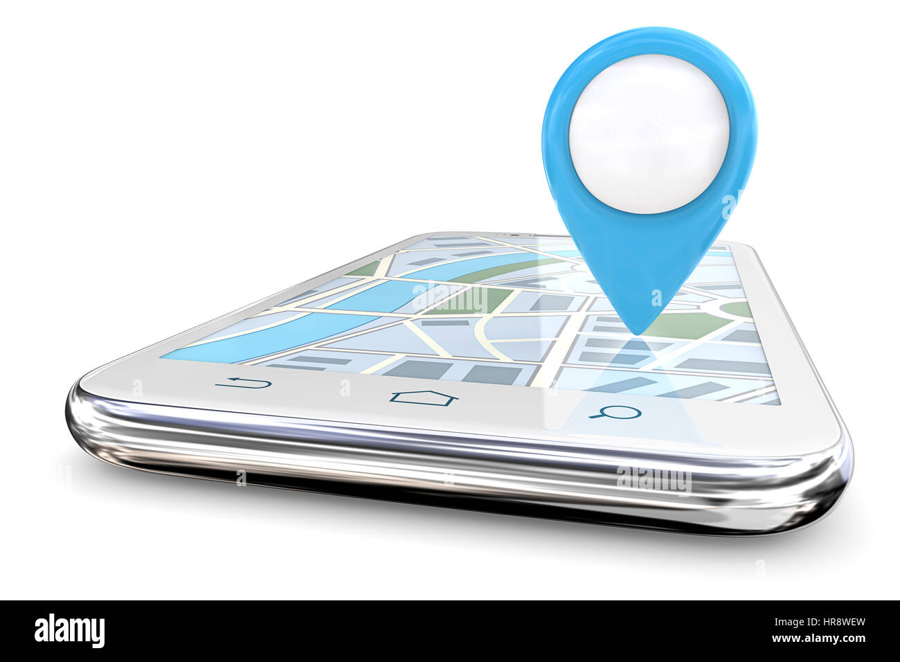 White Smartphone with Large Blue GPS pointer on Screen Map. Copy Space