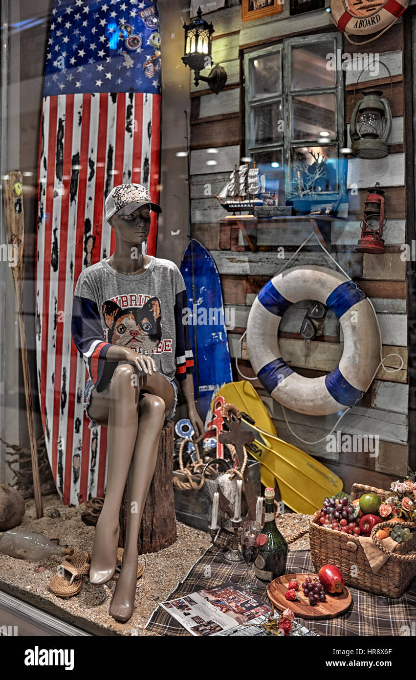 Shop Window display of casual clothing items based around a  nautical theme Stock Photo