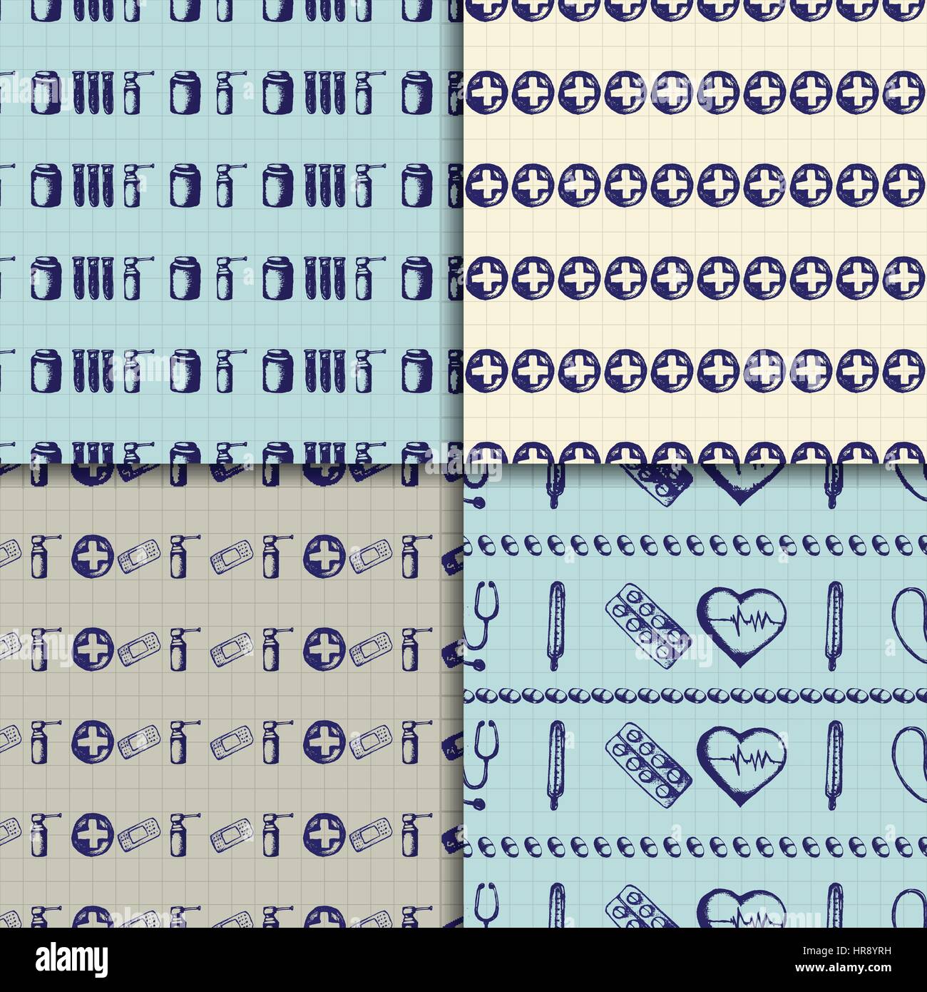Four healthcare and medicine backgrounds. Vector doodle seamless ...